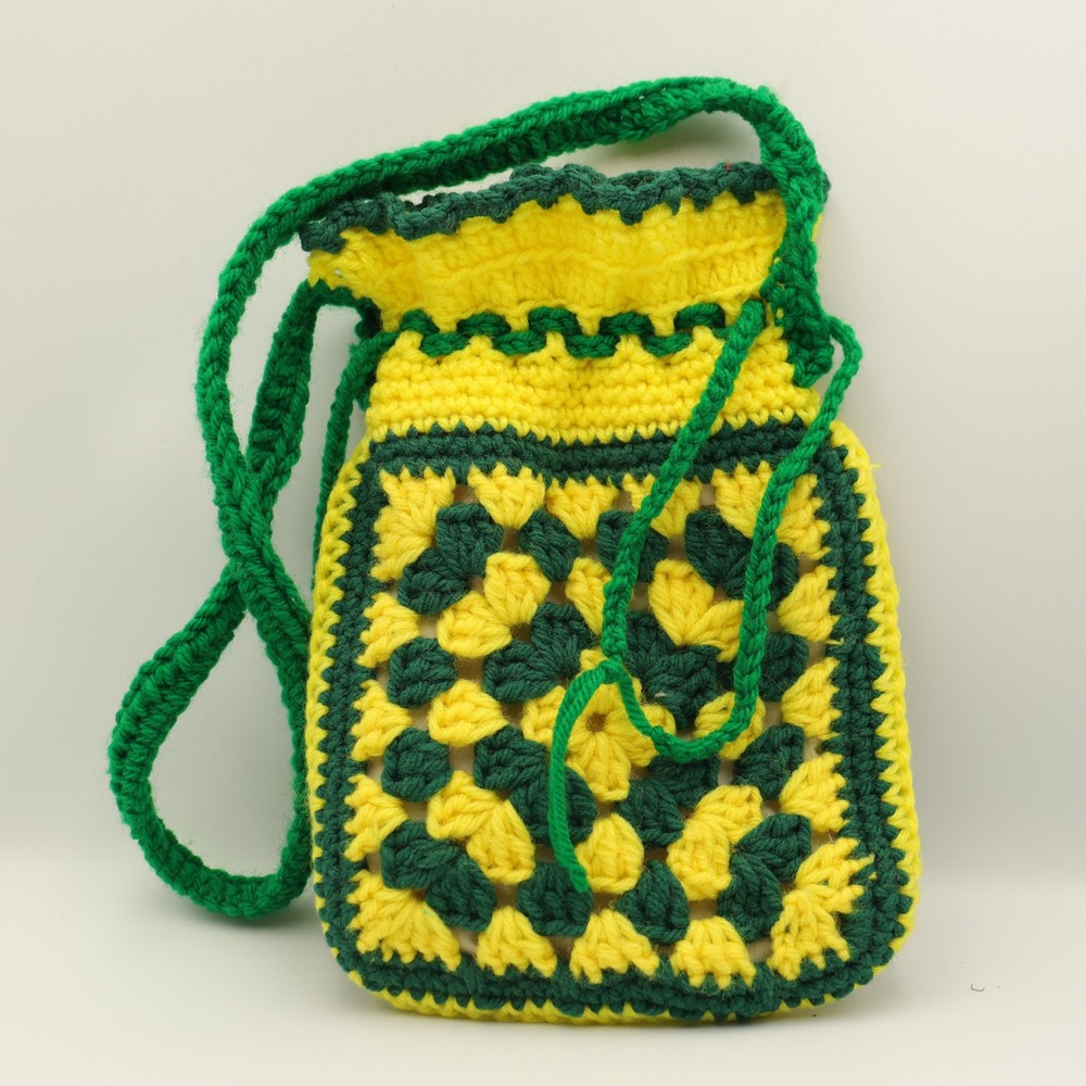 Grandmacore Handmade Crochet Granny Square Drawstring Bag Green Lined Pouch Folk